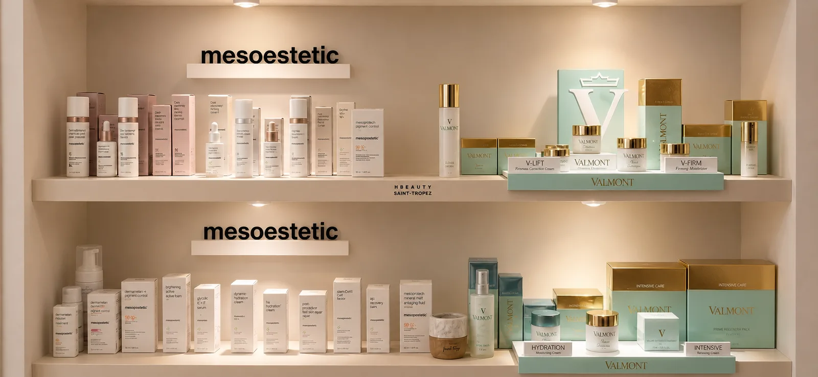 Valmont and Mesoestetic products shelf at HBEAUTY SAINT-TROPEZ institute