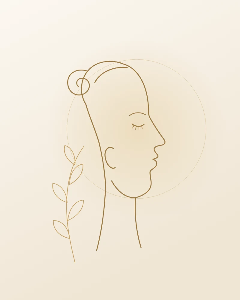 Illustration au trait d’un visage de profil, yeux fermés, et d’une branche d’eucalyptus — HBEAUTY SAINT-TROPEZ